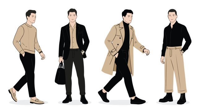 Minimalist men fashion illustration set, stylish male characters in beige and black outfits, flat vector people collection for lifestyle design