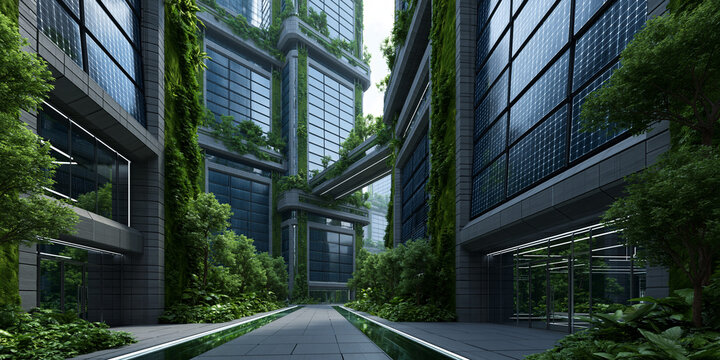 Contemporary city architecture integrated with vibrant greenery in a forward thinking urban landscape
