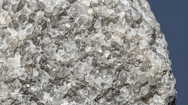  Quartzite metamorphic rock macro with interlocking crystal grains on solid slate blue background