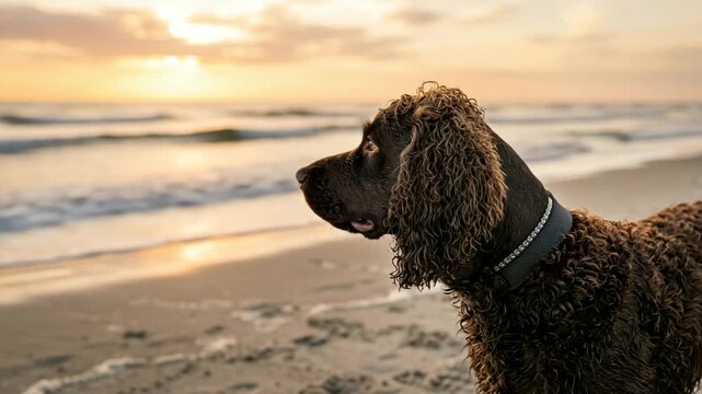 american water spaniel on cannon beach oregon golden light close up video