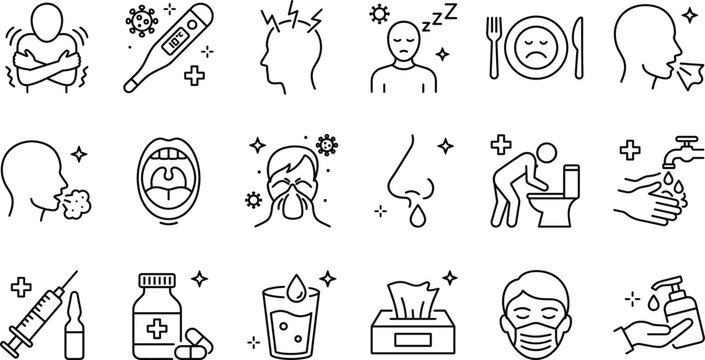 Flu and virus illness symptoms line icon set featuring fever chills headache runny nose and medicine symbols