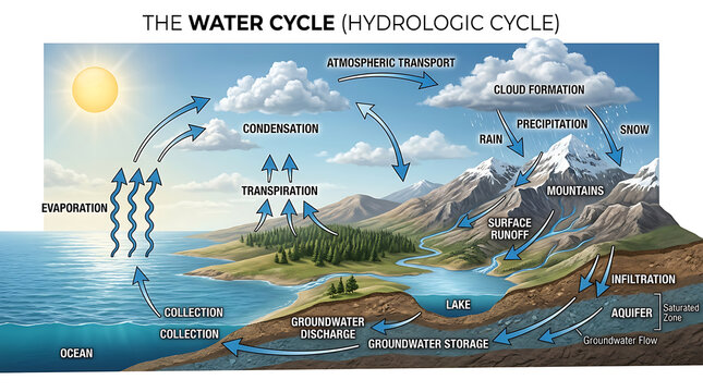 The water cycle process occurs naturally in mountains, involving evaporation, condensation, and precipitation with the sun, ocean, and land.