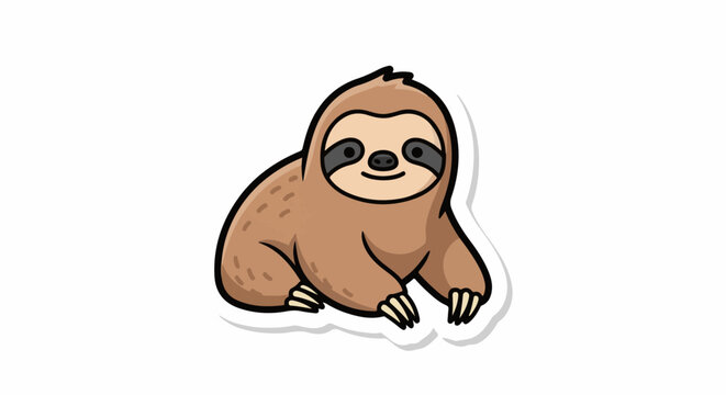 A cartoon sloth with a smiling face and brown fur sits on a white background