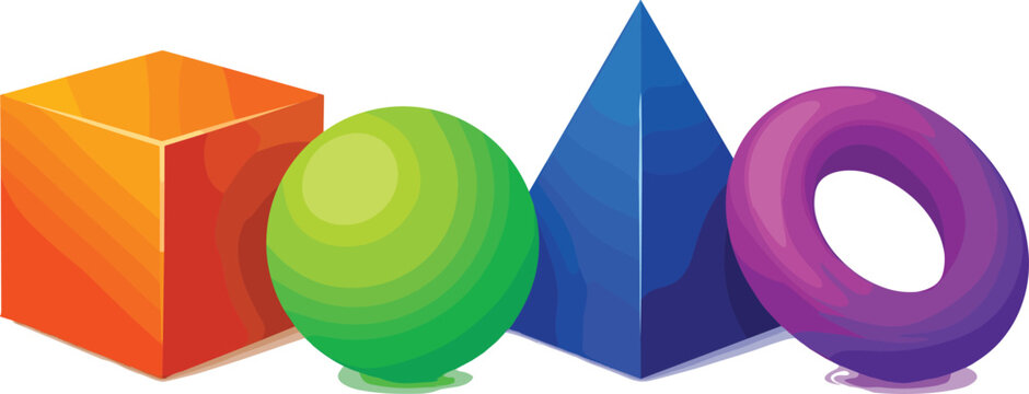 Colorful 3D Geometric Shape Vector Set with Orange Cube Green Sphere Blue Pyramid and Purple Torus Ring for Abstract Graphic Education Design Layouts