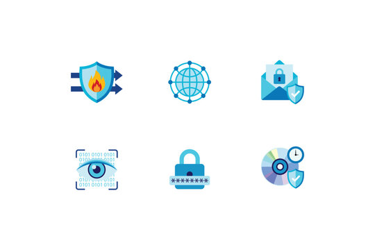 Cyber security and data protection flat icon set with firewall and encryption elements