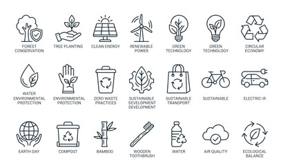 Fototapeta premium Eco and Nature Outline Icon Collection for Environmental Sustainability and Green Living