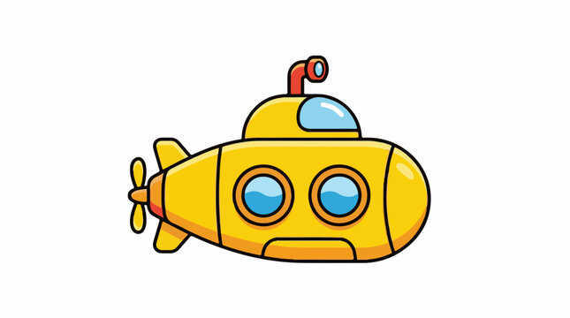 A cartoon-style yellow submarine with blue portholes and a red periscope