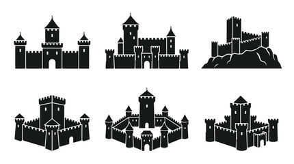 Fototapeta premium Medieval castle silhouette icons, set of 6 black fortress vector elements, ancient stone citadel and palace architecture for gaming and maps isolated PNG with Transparent Background