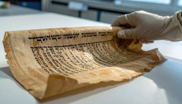Hand in Glove Gently Unrolls Ancient Hebrew Parchment Scroll Revealing Aged Script
