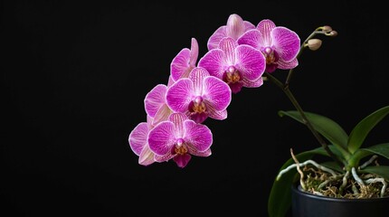 Beautiful Vibrant Purple Phalaenopsis Orchid Flower Branch Isolated on a Dark Black Background © Thalhah Studio