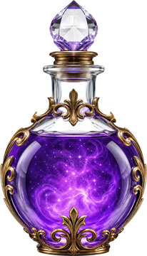 Purple magic potion bottle with gold filigree isolated on transparent background