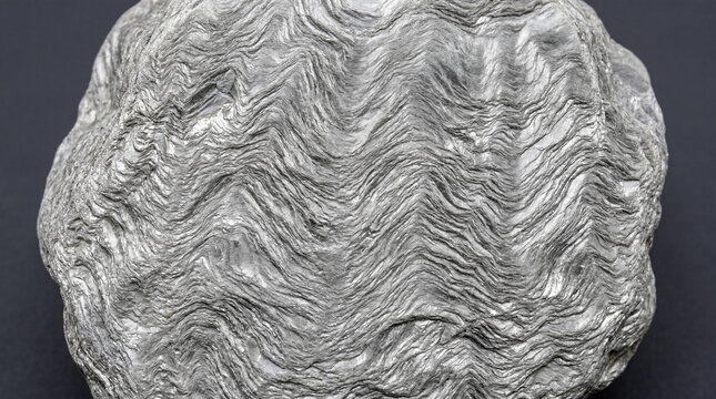 Phyllite metamorphic rock macro with wavy sheen on solid dark grey background