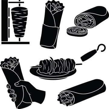 Black silhouette icons of doner kebab and shawarma fast food items