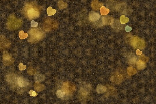 A warm, dark brown background featuring a complex, repetitive geometric kaleidoscope pattern of interconnected circles and floral shapes, overlaid with a soft-focus "bokeh" effect consisting of scatte