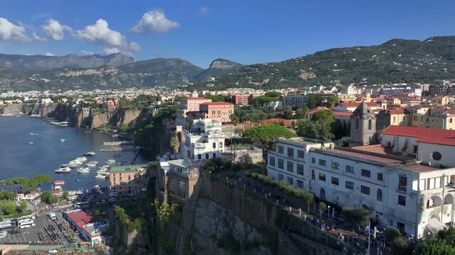 Sorrento, tourist destination near the Amalfi coast, Naples, Italy. Aerial Day view of Sorrento on the Gulf of Naples.