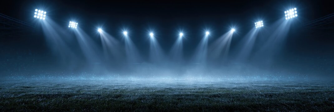 Empty soccer stadium at night with bright floodlights illuminating the field and fog