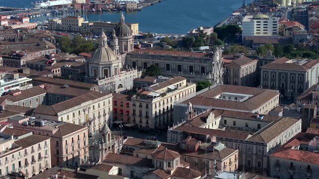 Catania central square, Basilica Cattedrale di Sant Agata. Aerial, Historic piazza del Duomo in Catania, Sicily, Italy.