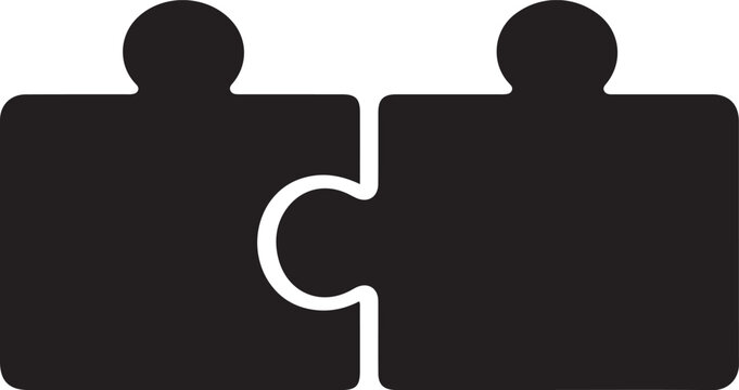 Black silhouette jigsaw connection icon with joining puzzle pieces, symbol of unity and teamwork.