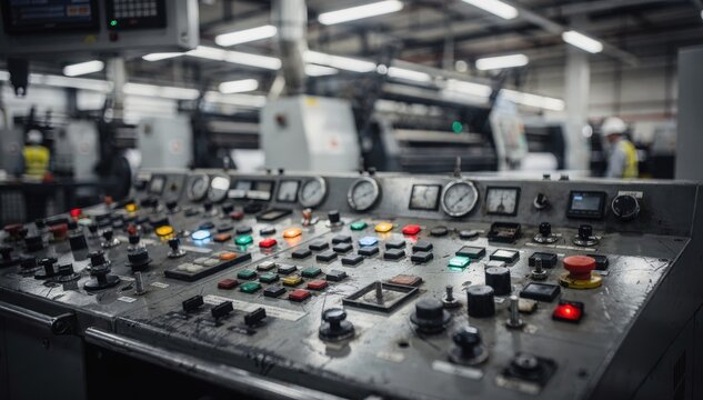 Focused medium shot of a large printing press control panel with workers indistinct in the softly blurred expansive printing hall under industrial lighting.