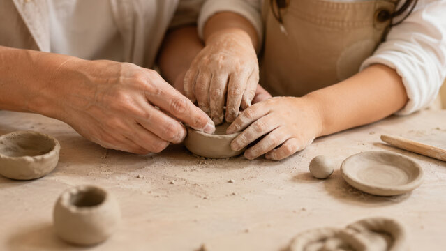 Adult hand guiding child hand shaping clay bowl pottery lesson creative bonding learning tactile mindful parenting warm close up