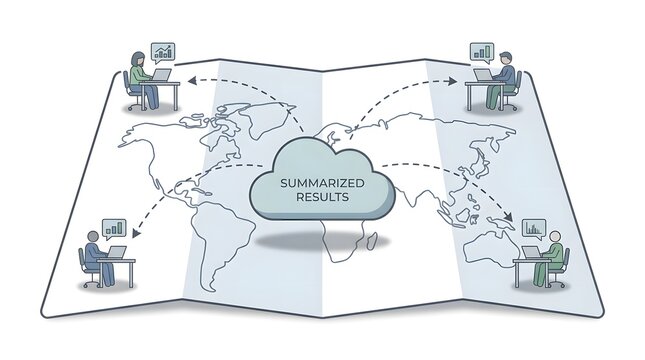 Clean, minimal flat vector illustration of small, remote figures at the edges of a large map using laptops to analyze data, with only the summarized results sent to a central cloud icon.