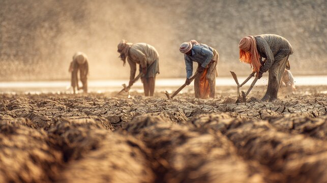 Four farmers till parched earth under a hazy sky, utilizing hand tools to cultivate the dry, cracked land