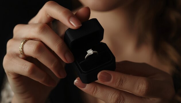 This is a close up of a woman holding a ring in a box