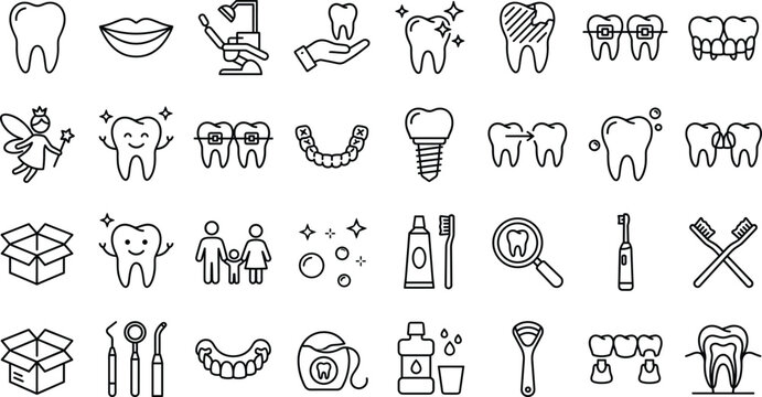 Dental care and stomatology line icon set featuring braces dentist chair tooth implant floss and fairy symbols