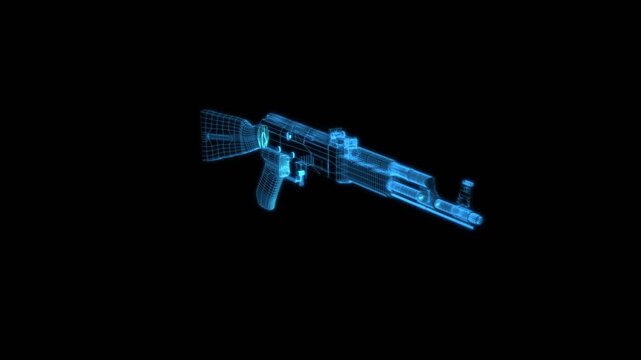 3D AK 47 Hologram rotation animation in a loop with alpha