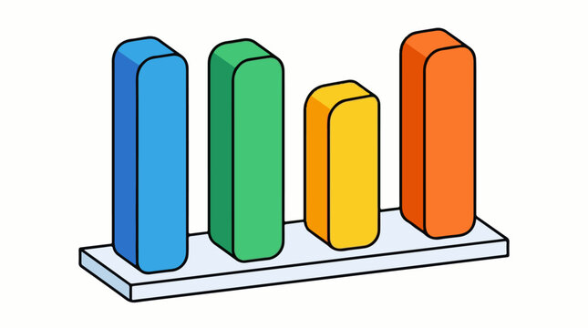 A colorful graphic consisting of four 3D rounded rectangular bars of different heights and colors on a flat base