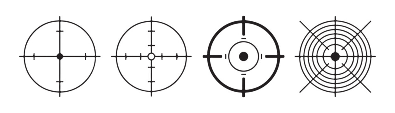Collection of different crosshair sniper rifle scopes and targeting reticles vector illustrations.