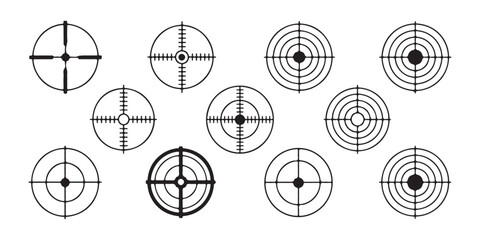 Crosshair and target icons set with different sniper scope reticles for shooting or aiming sport. © Mukti