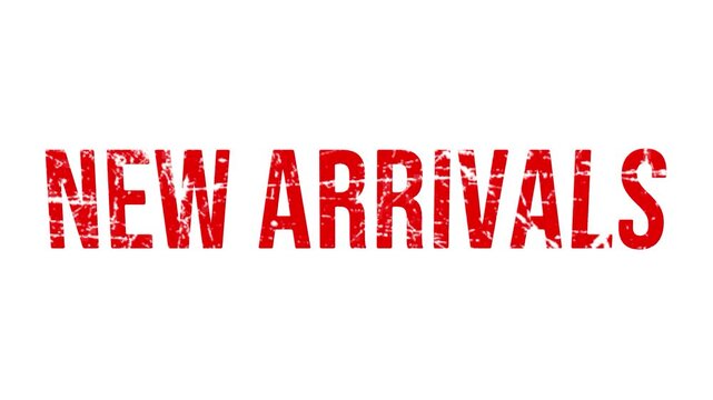 Red text new arrivals typography animation stratch effect graphic design layout on white isolated backdrop for retail store promotion video