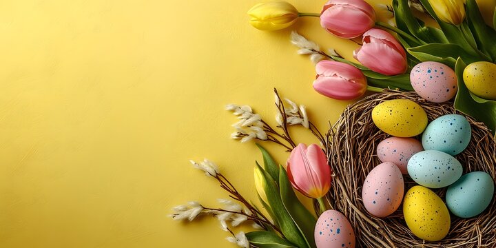 Pastel easter eggs in nest with tulips on yellow background