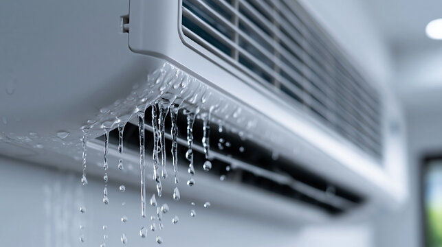 Close-up ultra-realistic professional stock photo of a leaking air conditioner indoor unit mounted on a white wall, visible water droplets dripping steadily from the bottom edge of