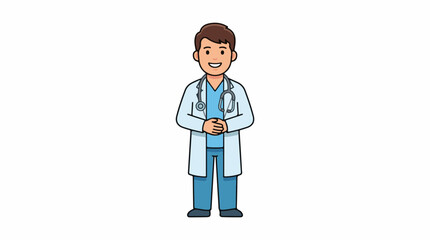 Fototapeta premium A cartoon illustration of a smiling male doctor in a white lab coat