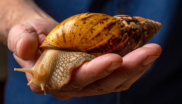 Close-up of a giant snail resting safely in a person's cupped hands