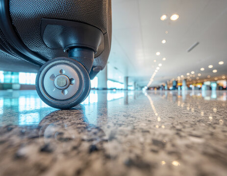 low angle view of a travel trolley bag wheel on a polished airport floor with a modern terminal and soft bokeh lights in the background, symbolizing travel and mobility.