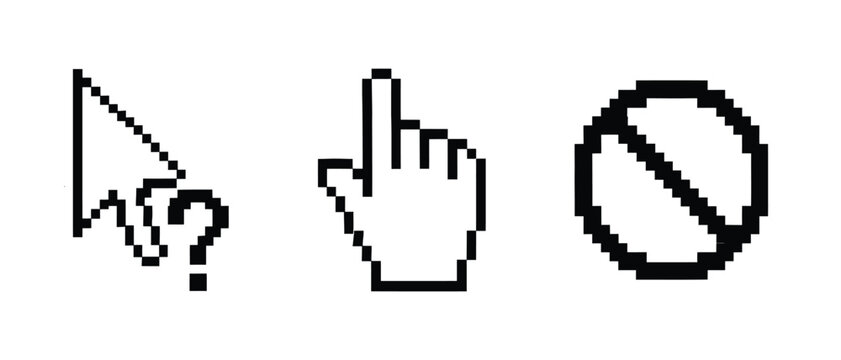 Set of computer pixel art cursor icons including select arrow question mark hand pointer and prohibited symbol with interface computer navigation software monochrome isolated