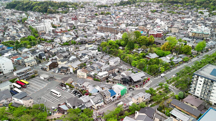 Fototapeta premium Kyoto Philosopher's Path cherry blossom tunnel aerial panorama