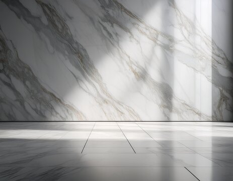 white marble wall and floor with grey veining and bright natural light