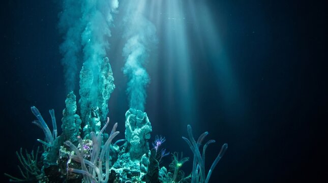 A glowing teal deep-ocean hydrothermal environment featuring massive volcanic chimneys and underwater vents spewing smoke