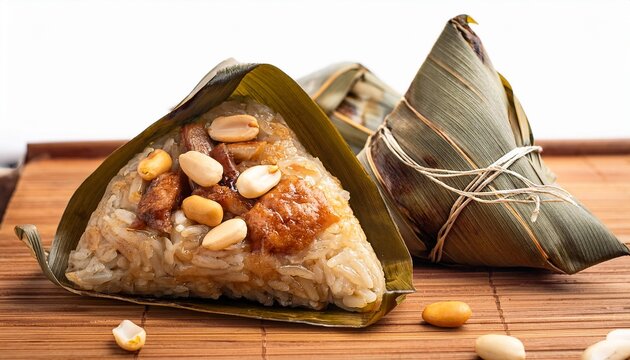 zongzi sticky rice dumplings with pork and peanuts on a wooden board