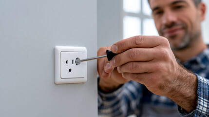 Naklejka premium Ultra realistic electrician's hands installing white electrical wall outlet into drywall, face outside the frame, realistic hands holding flathead screwdriver tightening terminal s