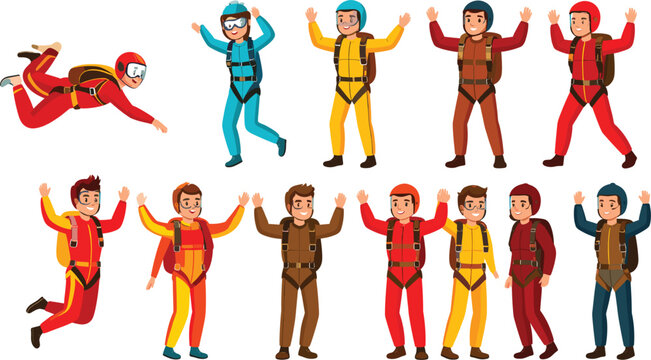 Skydiver Cartoon Character Vector Set with Parachutist People Jumping Diving in Jumpsuits and Helmets for Extreme Sports Adventure Promotion Layout Designs