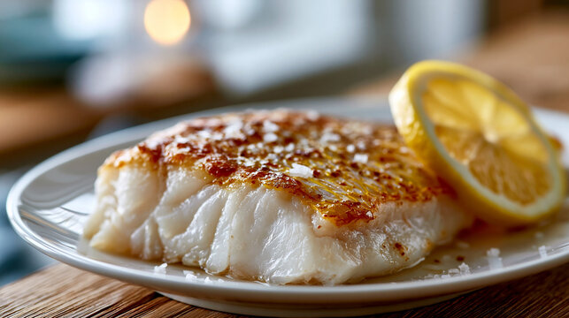 Ultra realistic premium food photography of fresh yellow corvina fish fillet laid on clean white ceramic plate, pristine boneless white flesh with delicate skin-on edge showing gol