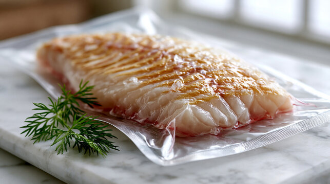 Ultra realistic commercial food photography close-up of fresh croaker fish fillet in clear vacuum sealed packaging on clean white marble surface, pale cream fish flesh visible thro