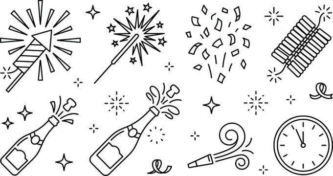 New Year celebration line icon set featuring fireworks rocket sparkler champagne pop firecracker confetti and clock symbols