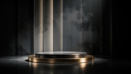 Fototapeta premium Round metallic podiums on a dark reflective surface with smoke and vertical panels