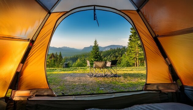 a camping tent in a nature hiking spot view from inside the tent